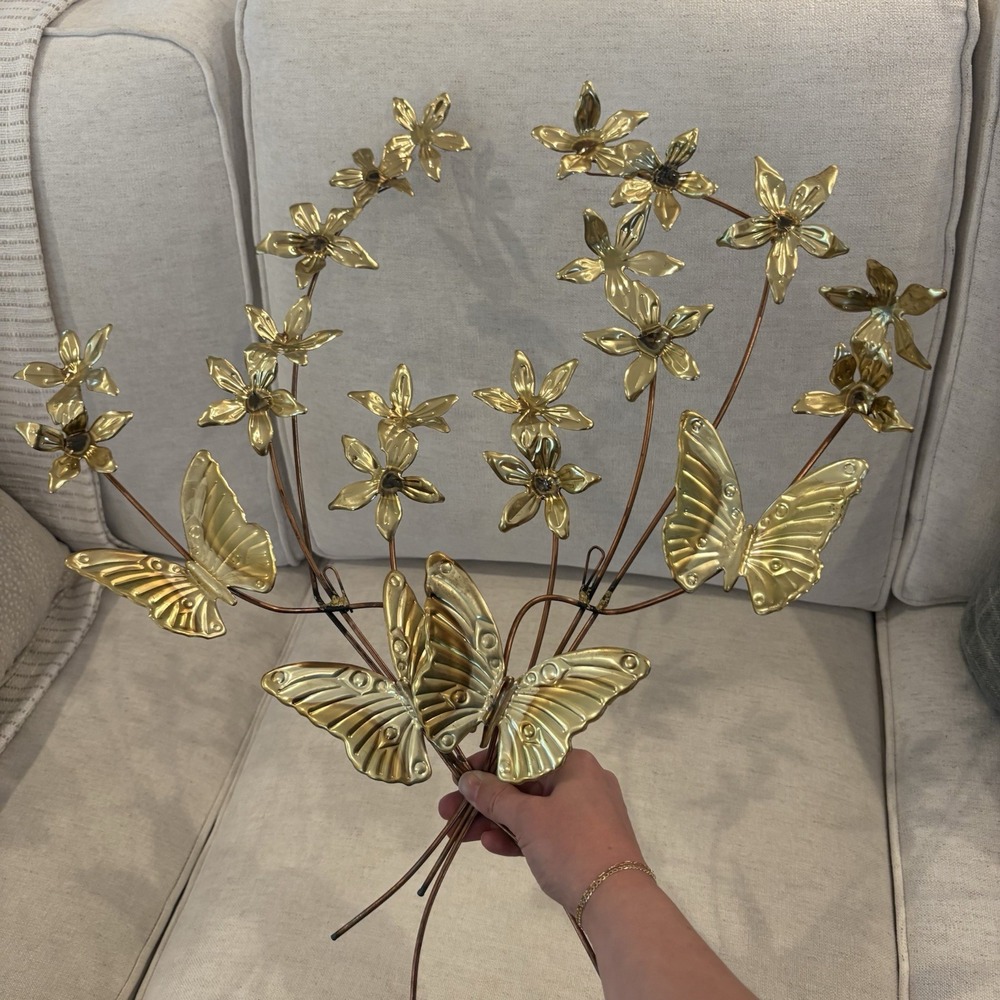 Vintage Homco Brass Copper Butterfly Flower Wall Art Pair